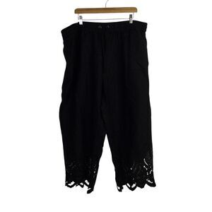 John Mark Women Floral Eyelet Pant Straight Leg Linen pull On Black Size 3X Plus